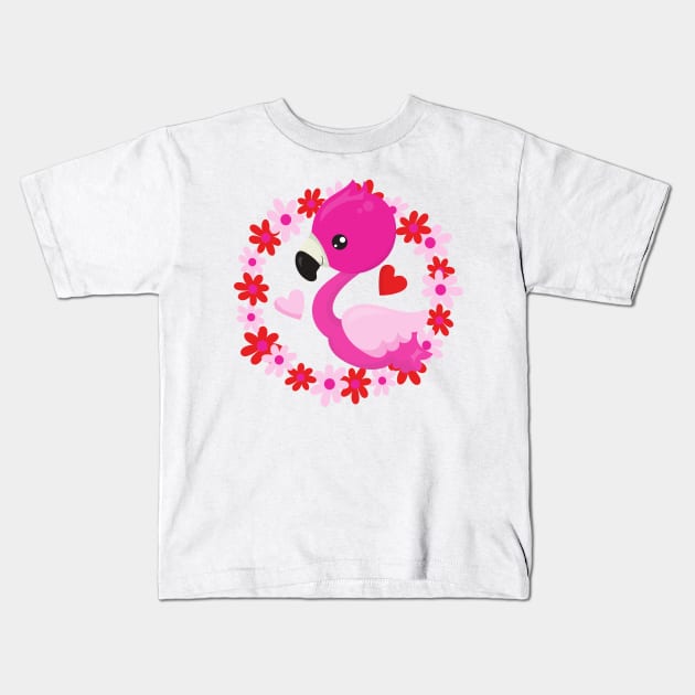 Cute Flamingo, Pink Flamingo, Bird, Flowers, Heart Kids T-Shirt by Jelena Dunčević